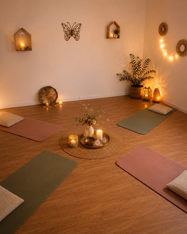L'espace de soin préparé pour une séance d'InnerDance en groupe : tapis, coussins et bougies.